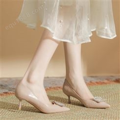H579-25闪闪水钻全包夏季女鞋小香风纯色矮跟单鞋细跟软皮高跟鞋